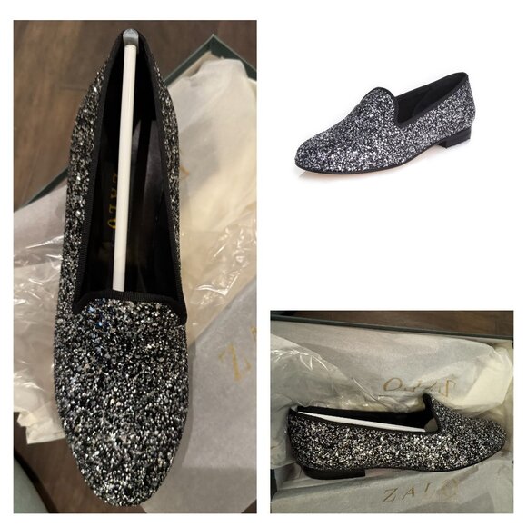 Zalo Gentry Flat Oxford Pewter Glitter Black Silver Tweed Metallic Loafers Spain - Picture 1 of 16